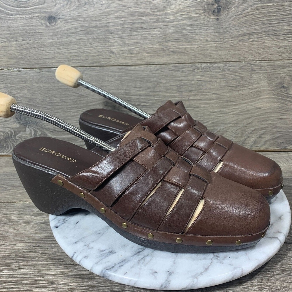 Eurostep Shoes‎ Womens 12 M Brown Leather Caitlin Mules Heels Strappy Slip On